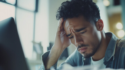 Wall Mural - A worried man is sitting at a desk with his head in his hands looking at a laptop.