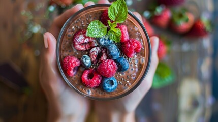 Wall Mural - An breakfast featuring a cacao water chia pudding packed with antioxidants and perfect for a plantbased diet.