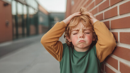 Wall Mural - Distraught boy holds his head in a school playground