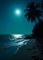 Wall Mural - Potanga sea beach side road under a full moon, casting silver reflections on the water, with a few palm trees swaying in the breeze