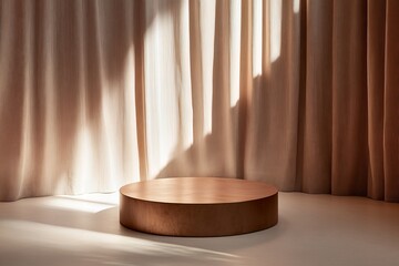 Leinwandbilder - The minimalist design of a brown podium contrasts against softly lit curtains, creating an atmosphere of calm elegance in this serene setting.