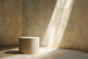 Aufkleber - A minimalist stone pedestal sits in a softly lit room, capturing the serene ambiance. The light casts gentle shadows, enhancing the simple elegance of the scene.