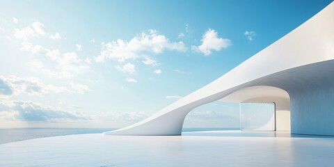 Modern white architectural building with artistic and abstract design, featuring a clean, minimalist background. The spacious ground and sky offer an ideal setting for an automotive advertisement back