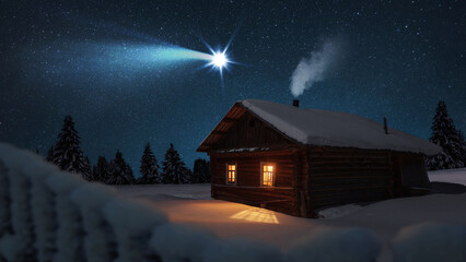 Wall Mural - old wooden house in snowy field at night with first bright star. christmas eve card, creative idea. 