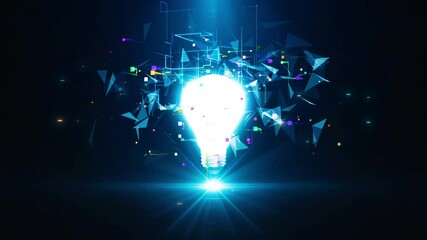 Poster - A glowing light bulb radiates energy, surrounded by vibrant digital geometric shapes and dynamic particles on a dark blue background, symbolizing creativity and technology.
