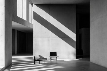 Poster - Image depicts a modern architectural setting bathed in dynamic light and shadows, featuring chairs beneath imposing concrete walls, evoking a sense of tranquility.