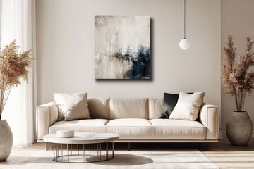 Leinwandbilder - A bright, welcoming room with a beige sofa and textured abstract wall art, complemented by neutral tones and minimalist interior design elements.