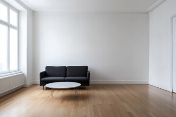Poster - A minimalist living area featuring a sleek black sofa in a bright, empty room with wooden floors, offering a sense of spaciousness and simplicity.