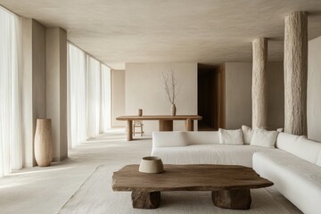 Leinwandbilder - Sophisticated minimalist interior featuring soothing neutral colors, natural textures, and sleek wooden elements that promote harmony and subtle elegance in the home.