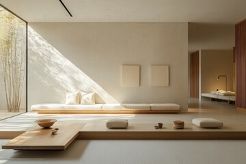 Leinwandbilder - A bright, minimalistic interior that showcases a calming space with natural lighting, fitted seating, and a harmonious blend of simple elements.