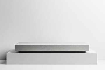 Aufkleber - A minimalist photograph featuring a concrete slab positioned atop a slightly larger white slab, set against a plain white background with simple lines and shadows.