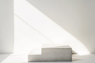 Fototapete - A two-step concrete platform is bathed in dramatic angles of light, creating dynamic shadows and a minimalist, sculptural element in a bright setting.