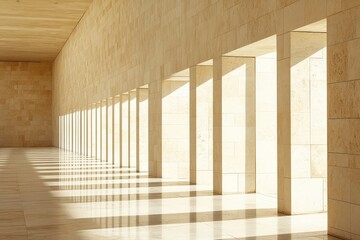 Leinwandbilder - A beautiful hallway with natural light casting sharp geometric shadows on the floor and walls, showcasing symmetry and architectural elegance in minimalistic design.