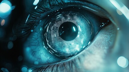 Wall Mural - a close-up of a human eye reflecting digital and technological imagery, symbolizing advanced technol