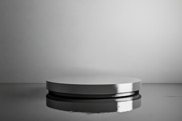 Fototapete - A refined metallic disc lays flat on a glossy surface, mirroring the ambient light to create an ethereal atmosphere within a minimalist and modern interior space.