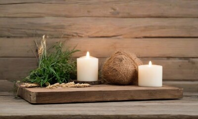 Rustic Candlelight Ambiance: Two white pillar candles illuminate a rustic wooden surface, surrounded by natural elements like wheat and twine, creating a serene and inviting atmosphere. 