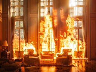 Wall Mural - Ultra realistic photograph of a fire in an elegant living room, large windows with burning curtains, armchairs and furniture ablaze, cinematic lighting.