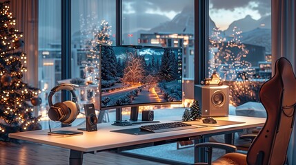 Poster - A luxurious office room featuring a futuristic desktop setup and a sleek monitor placed on a sophisticated desk. The room is decorated with elegant Christmas decorations, including twinkling lights.