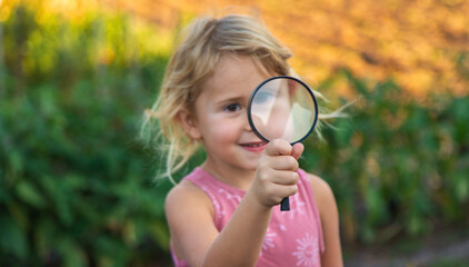 Poster - A child looks through a magnifying glass in nature. Selective focus.