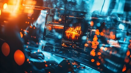 Night coder working on a computer screen displaying code and city skyline. Futuristic, vibrant, and dynamic image.