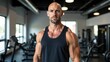 © axalaimaxala - Bald muscular blond man in tank top standing in front of camera in gym