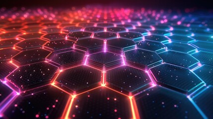 Poster - Abstract futuristic background with colorful glowing hexagons on a dark blue background, a perspective grid, and connection lines. Big data technology concept.