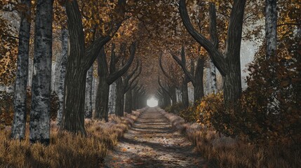 Wall Mural - Mystical tunnel of trees in enchanted forest landscape photography autumn scene nature's serenity cool shadows