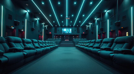 Aufkleber - An expansive cinema with rows of black and teal-colored seats, illuminated by bright lights from the screen in front. The dark room is adorned with sleek LED lighting.