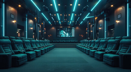 Aufkleber - An expansive cinema with rows of black and teal-colored seats, illuminated by bright lights from the screen in front. The dark room is adorned with sleek LED lighting.