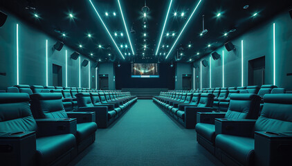Aufkleber - An expansive cinema with rows of black and teal-colored seats, illuminated by bright lights from the screen in front. The dark room is adorned with sleek LED lighting.