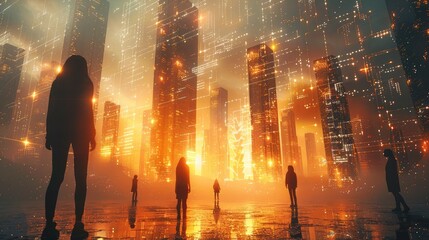 Poster - A group of young people stood in the city, gazing at the towering skyscrapers made entirely of data and code, with digital elements intertwined with the natural landscape.