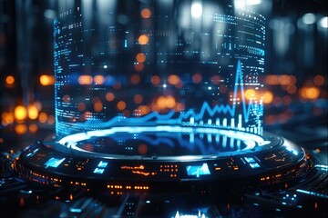 Fototapete - A large ring of holograms in the space displays economic data and stock charts related to data science and networking. The data center is blurred in the background.