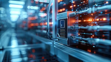 Aufkleber - A hardware security module integrated with blockchain encryption keys, sharp focus on the advanced cryptographic locks. The blurred background shows a high-tech lab.