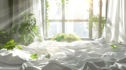 Wall Mural - White linen bed with green plants by the window, sunlight shining through, curtains fluttering softly, and a modern cityscape outside, creating a serene and relaxing atmosphere.