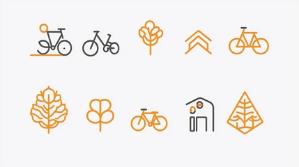 Wall Mural - Set of minimalist line icons representing cycling, trees, and houses.  