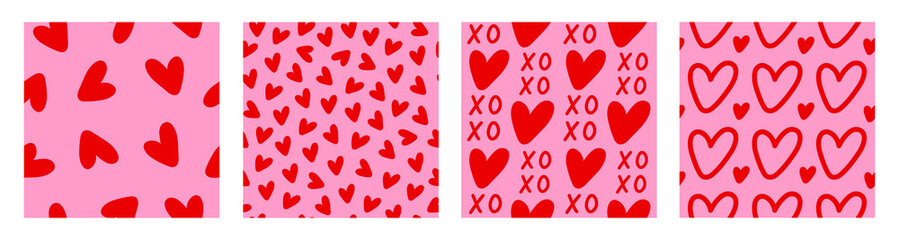 Poster - Set cute seamless patterns with red hearts on a pink background. Vector romantic print for wallpaper, fabric, textile design, wrapping paper.	