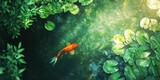 Goldfish swimming in a serene pond surrounded by green lily pads bright natural sunlight reflecting off the water vibrant colors nature-inspired composition