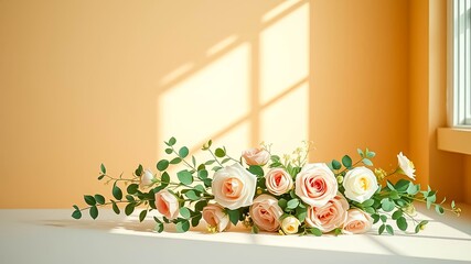 Wall Mural - Elegant pastel roses and eucalyptus arrangement on a table near a window with soft sunlight