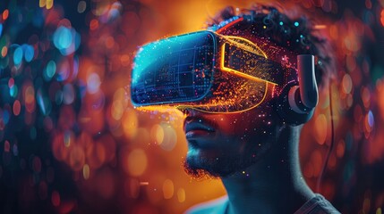 Aufkleber - A man wearing a virtual reality headset, immersed in a digital environment with colorful glitch effects.