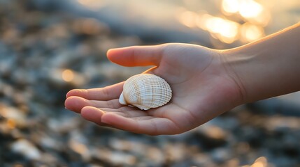 Poster - A hand holds a seashell against a blurred background of blue ocean water.