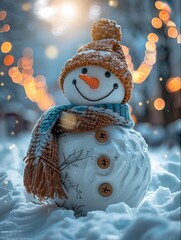 Aufkleber - A happy snowman on a winter background with copy space and a bokeh effect.