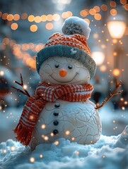 Aufkleber - A happy snowman on a winter background with copy space and a bokeh effect.