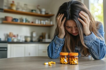 Sedative for Depression: Stressed Woman with Medicine for Cephalalgia at Home