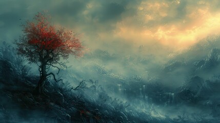 Wall Mural - A tree with red leaves stands in front of a mountain range