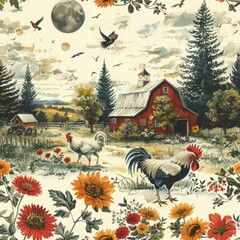 Wall Mural - A picturesque farm scene with roosters, a barn, and vibrant flowers.