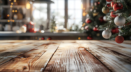 Poster - An empty kitchen deck for product display in Christmas blurry interior.
