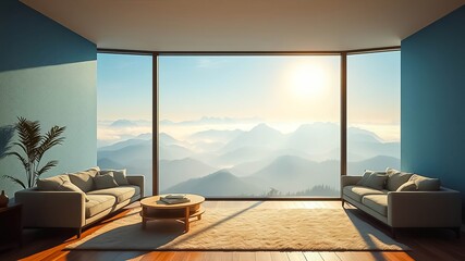 Wall Mural - Serene Mountain View Living Room with Modern Furnishings