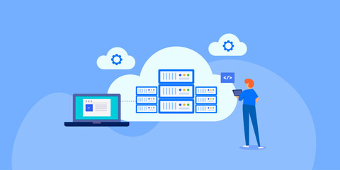 Wall Mural - online storage and people administrator with digital device managing cloud server business technolog