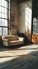 Wall Mural - Sunlit Vintage Sofa in Rustic Brick Room