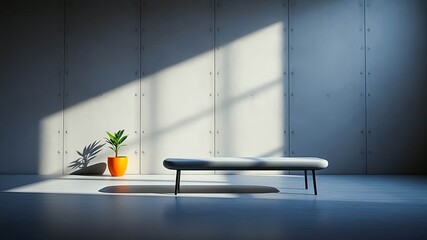 Wall Mural - Modern Minimalist Interior Design Upholstered Bench and Potted Plant in Sunlit Room